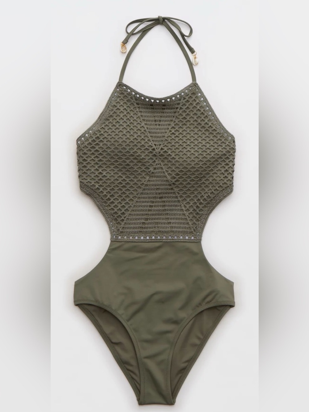 Aerie Olive Crochet Halter One-Piece Swimsuit Medium - Picture 1 of 9